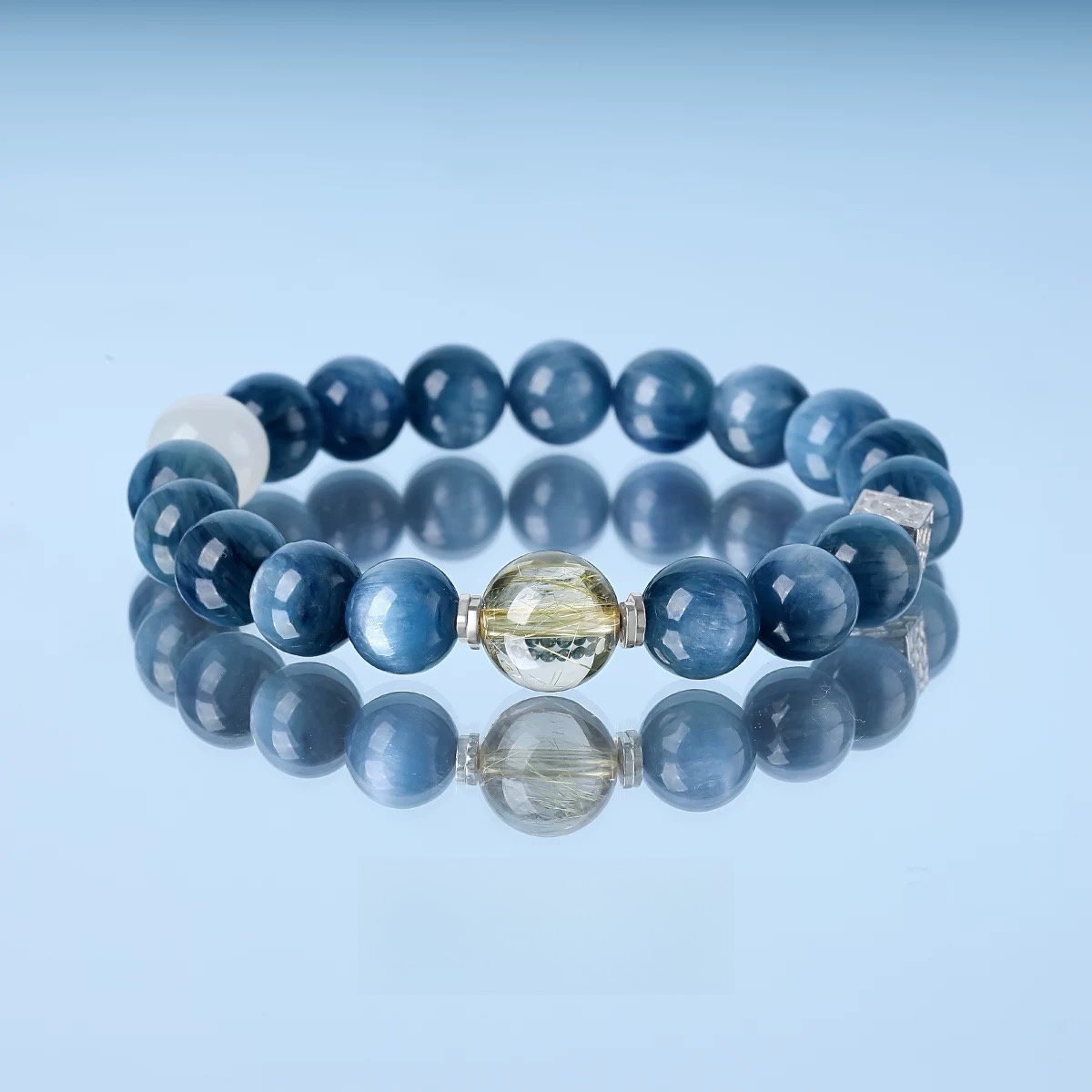 Natural Blue Crystal White Moon Cat Eye Light Gold Hair Crystal Bracelet - Natural Energy&Handmade
