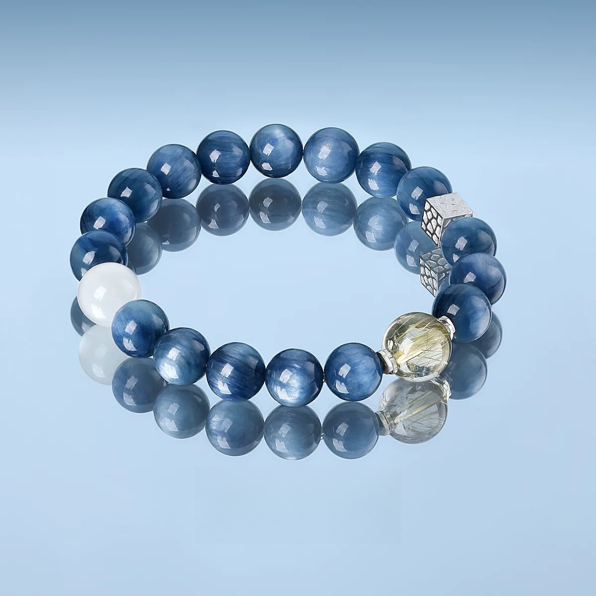 Natural Blue Crystal White Moon Cat Eye Light Gold Hair Crystal Bracelet - Natural Energy&Handmade